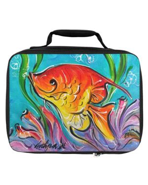 Vibrant Artistic Lunch Bag with Golden Fish Designed by Edison Liburd