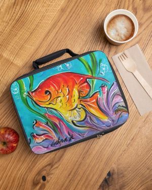 Vibrant Artistic Lunch Bag with Golden Fish Designed by Edison Liburd